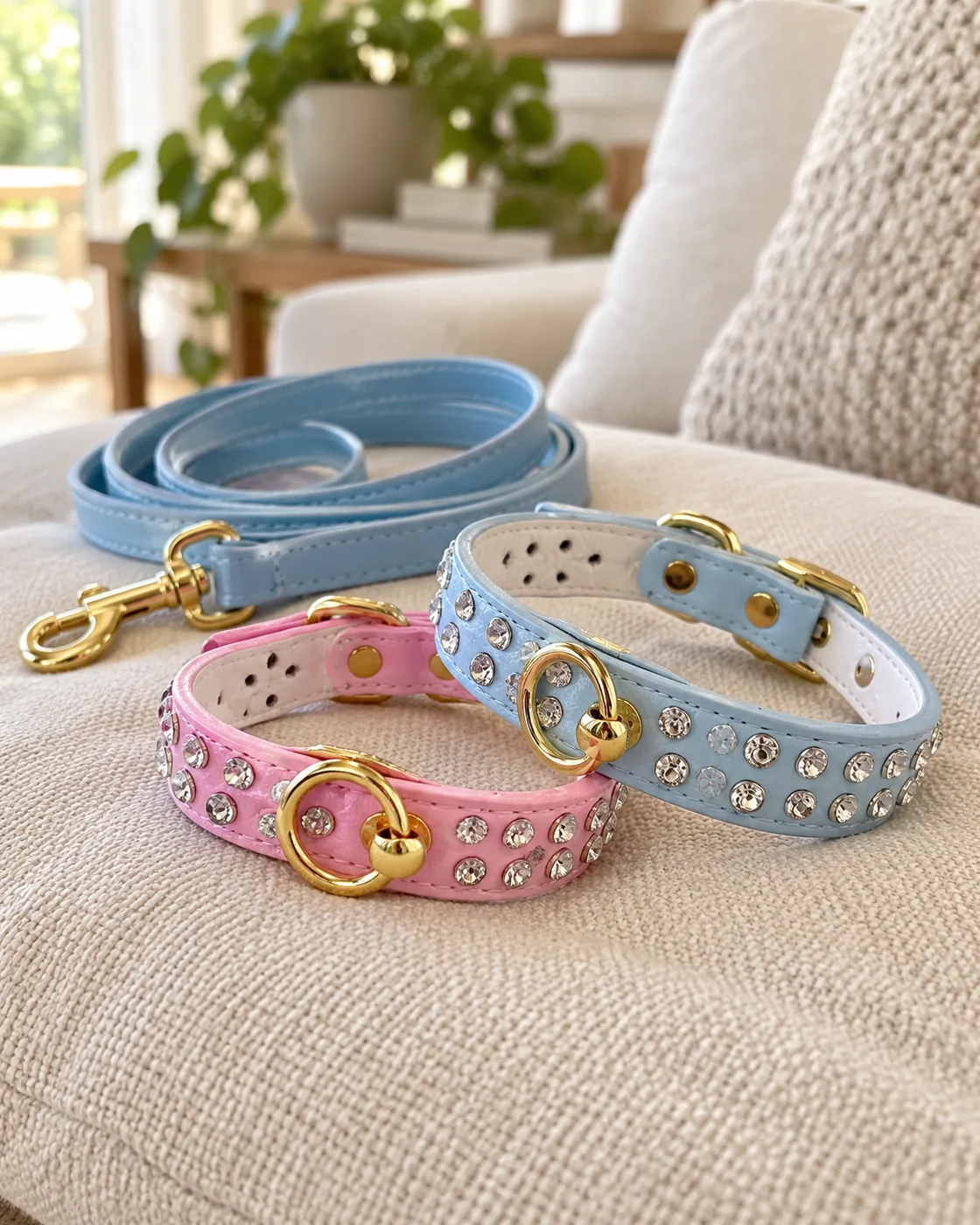 Duas coleiras com pedrinhas brilhantes, uma rosa e uma azul, com fivela dourada